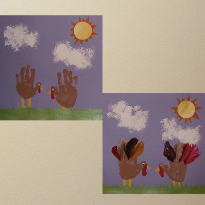 Two pictures of turkey handprint Thanksgiving art