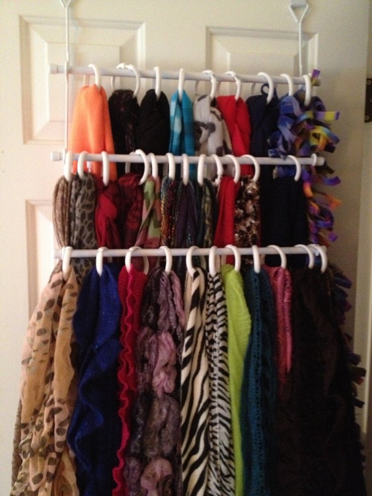 My scarf organization thanks to two pins that I liked--towel bar and shower curtain rings! Makes me smile!