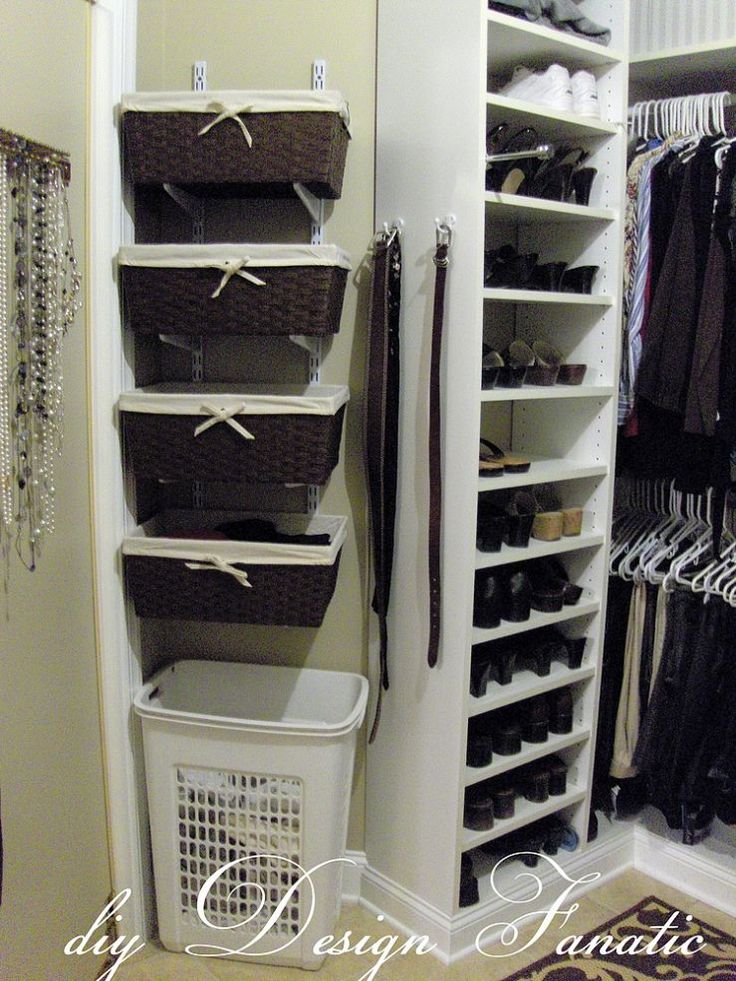 Organized Master Bedroom Closet - love the baskets for small delicates (I can do a bookcase behind the door for shoes. Really need that!