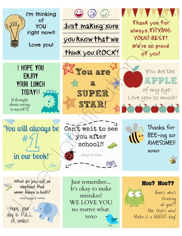 Printable Lunch Box Notes by ALittleClaireification.com #Lunch #notes #printables