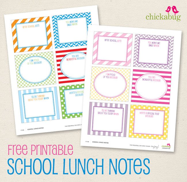 FREE printable school lunch notes from Chickabug