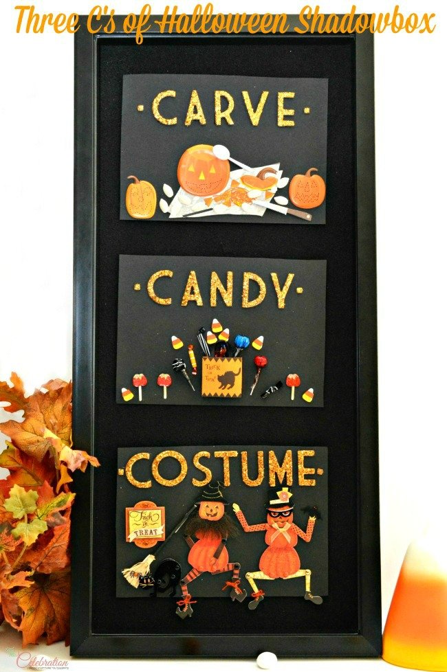 Halloween goes vertical! Celebrate the Three C's of Halloween-carve, candy & costume - in this fun and adorable shadowbox wall art. From littlemisscelebration.com