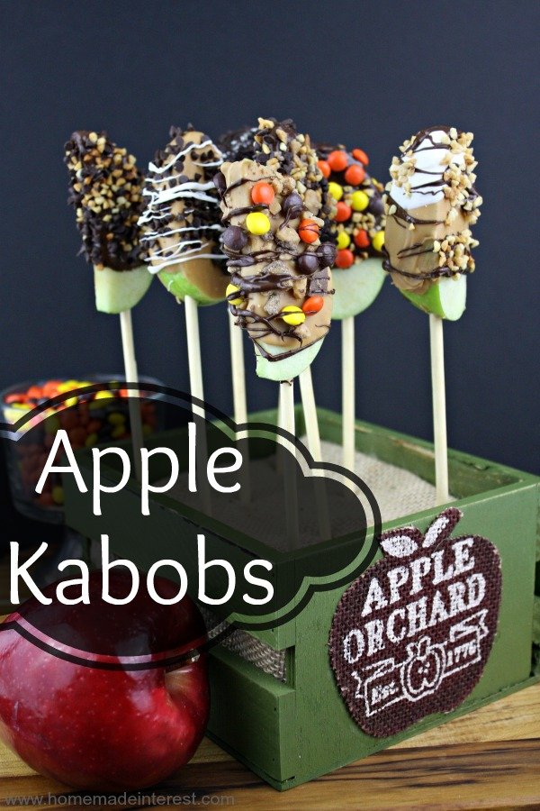 Apple Kabobs are apples dipped in chocolate or caramel and then rolled in nuts and candy toppings. A perfecttreat for a holiday party or classroom snack.