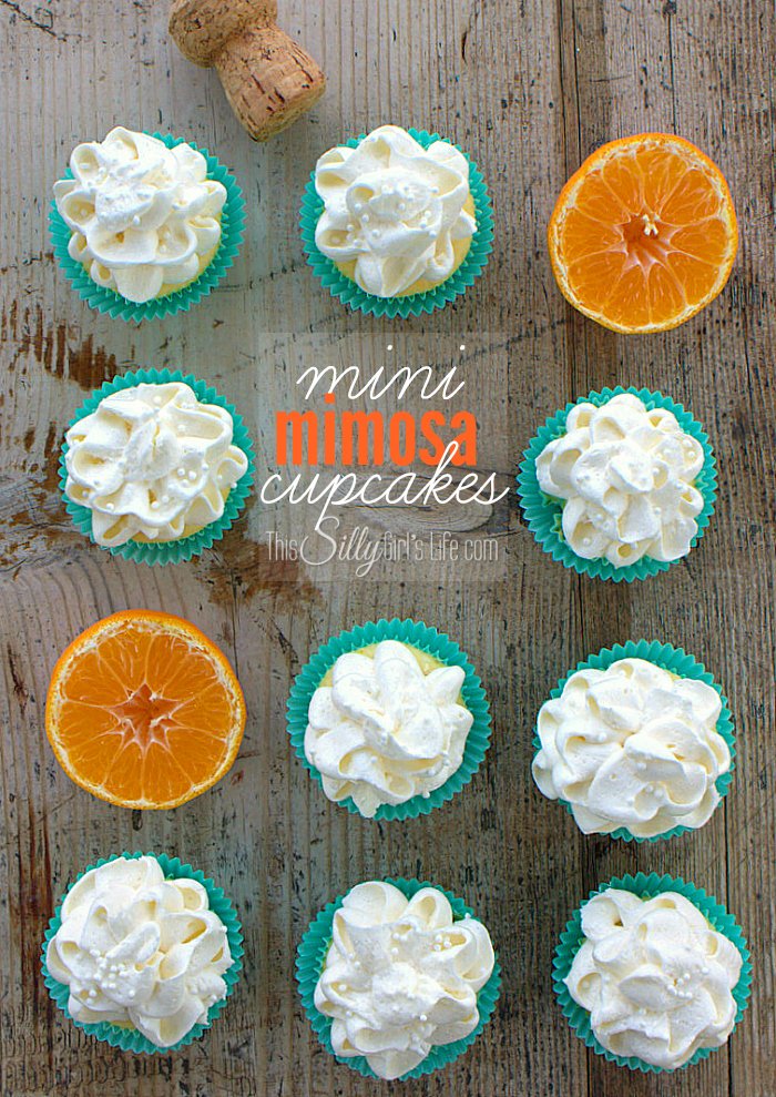 Mini Mimosa Cupcakes, bite sized cupcakes infused with fresh squeezed mandarin orange juice and topped with fluffy champagne buttercream frosting! - ThisSillyGirlsLife.com #HalosFun #ad