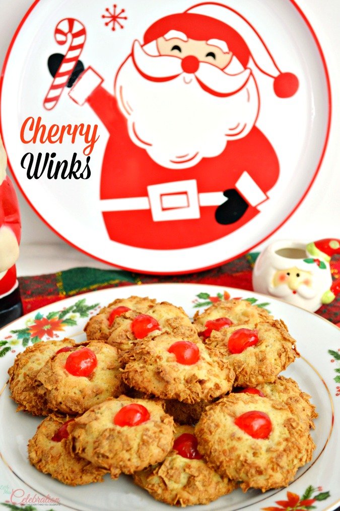 With a hint of lemon and a crunchy coat of wheat cereal, Cherry Winks are an easy, old-fashioned drop cookie perfect for the holidays! At littlemisscelebration.com #Christmas #cookie 