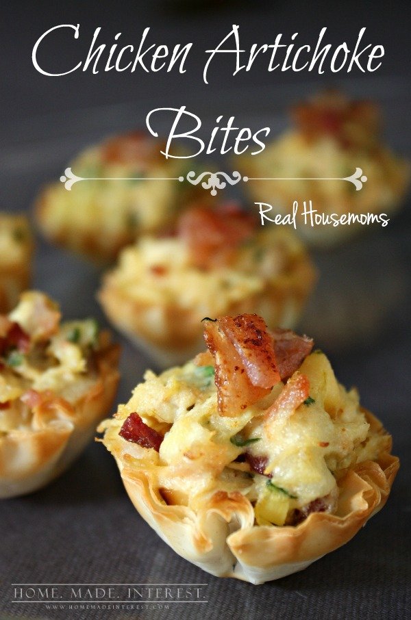 Looking for easy appetizer recipes that can be made ahead of time? This is the one bite appetizer recipe you’ve been waiting for. Chicken Artichoke Bites are filled with cheese, artichoke hearts, chicken and bacon, served in a flaky phyllo cup. The chicken artichoke dip can be made ahead of time so all you have to do it pop it in the oven before the party starts!