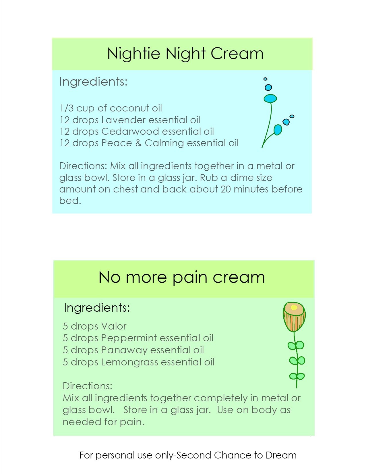 Second Chance To Dream Printable Essential Oil Recipe Cards
