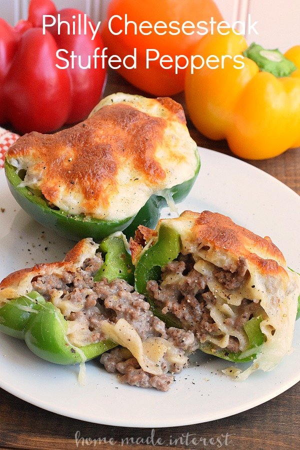 I love Philly cheesesteak and these philly cheesesteak stuffed peppers are an awesome alternative to the usual sub sandwich. Steak and cheesy noodles stuffed into green peppers, yum! It is a simple weeknight dinner recipe that everyone will love!