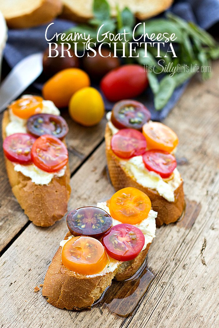 Creamy Goat Cheese Bruschetta, goat cheese and cottage cheese blended together, smeared on toasted baguette and topped with tomatoes, a yummy app or side dish! - ThisSillyGirlsLife.com #bruschetta #goatcheese