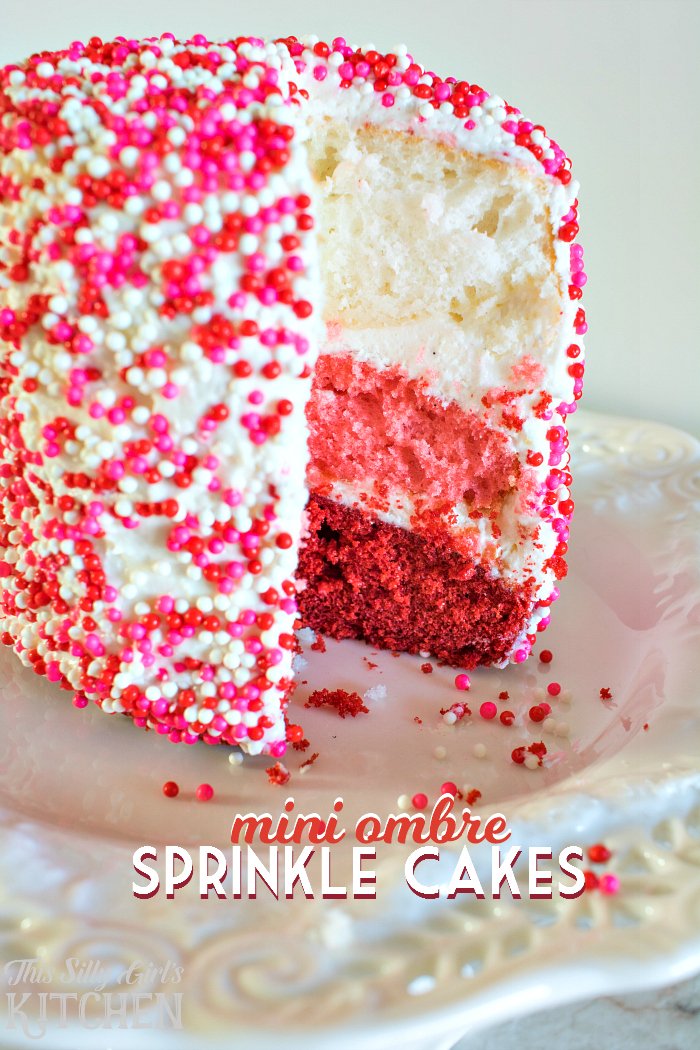 Mini Ombre Sprinkle Cakes, super cute and perfect for Valentine's Day! from http://ThisSillyGirlsLife.com #sprinklecake #ValentinesDay #ombre