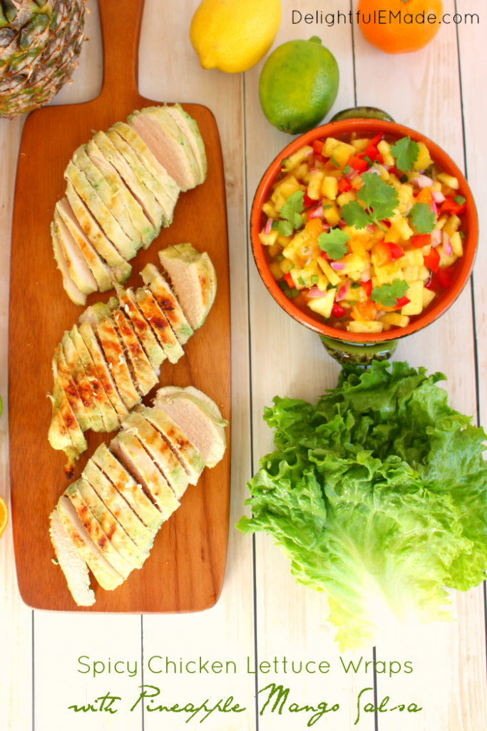 Do you pack your lunch for work? Bring these amazingly healthy, delicious Spicy Chicken Lettuce Wraps! The flavorful Pineapple Mango Salsa along with the Spicy Verde Grilled Chicken make for a tasty, healthy, and filling meal! Low carb, Paleo friendly, gluten free and only 5 Weight Watchers Smart Points!