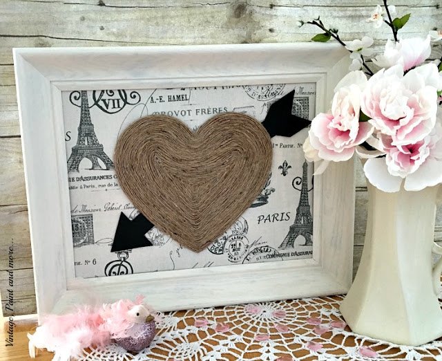vintage Valentine wall art - twine heart on Paris fabric with thrifted frame