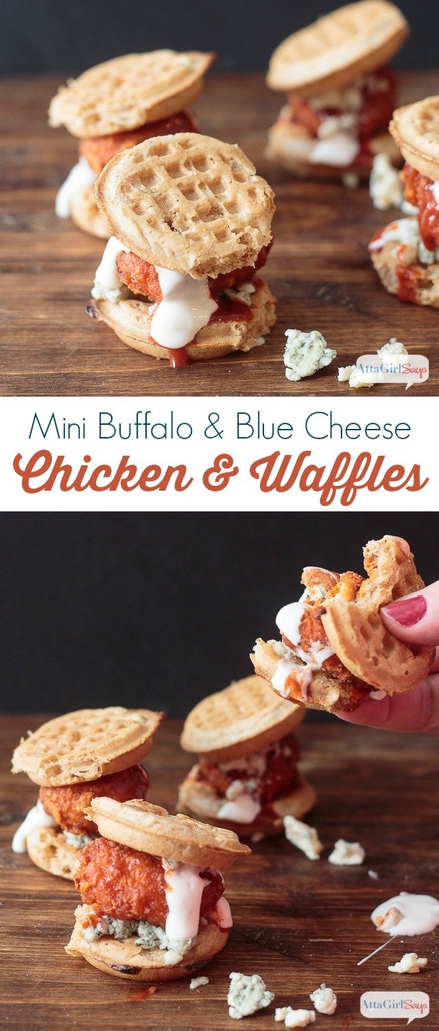 Hey football fans, check out this chicken and waffles recipe for mini buffalo-blue cheese bites. They're full of flavor and just the right size for snacking while tailgating or watching the Big Game. #GameDayTraditions #ad