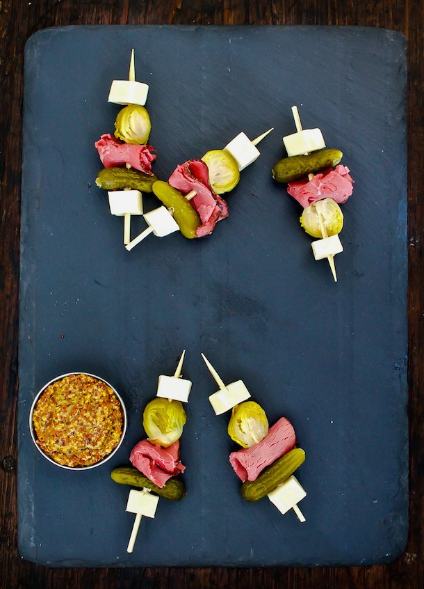 Luck of the Irish Skewers ~ with pickled brussels sprouts, pastrami, white cheddar & a teeny pickle