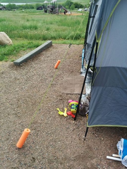 Our favorite camping hack! Pool noodles used to mark tent lines... there was no tripping!: 