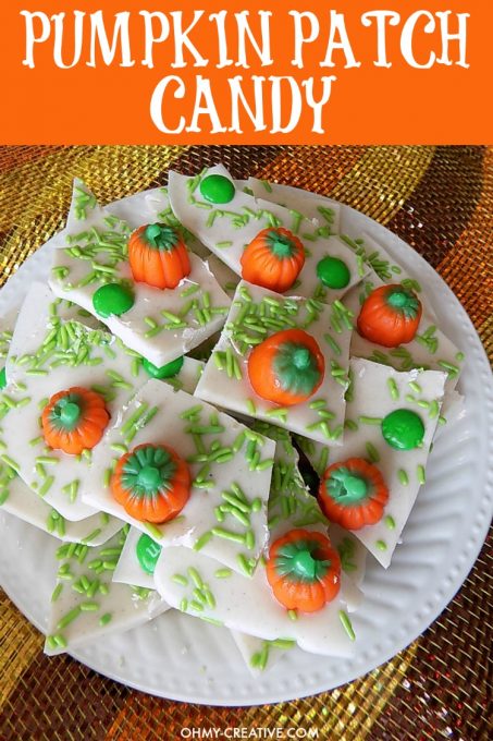 This Pumpkin Patch Candy Bark with Pumpkin Spice flavors is as cute as it is delicious. Perfect for any fall gathering, Halloween party or as a fun recipe for the kids to make! Popular pins by OHMY-CREATIVE.COM