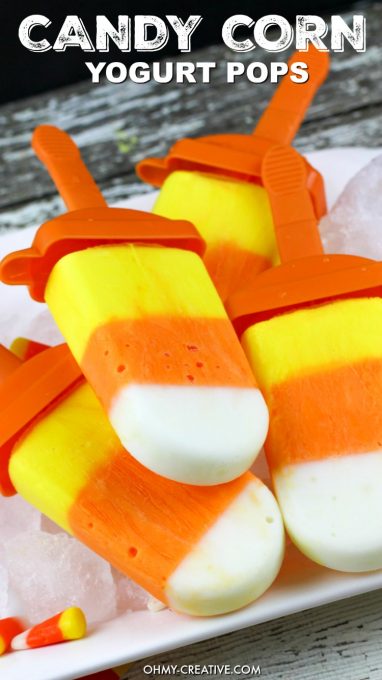 Yogurt Candy Corn Pops! Yellow, orange and white - those infinite colors are a sure sign that Fall and Halloween are on the way! An easy to make Homemade popsicle Recipe that is fun to eat. What a great Halloween kids treat! Popular pins by OHMY-CREATIVE.COM