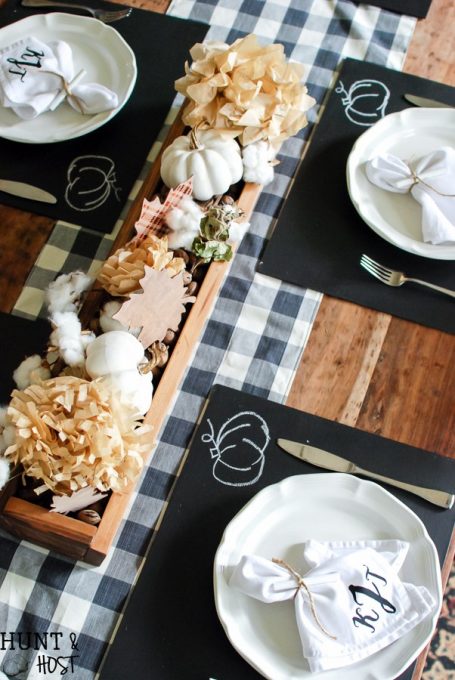 Thanksgiving Tablescapes Fall Ideas Tour: Mantels, Tablescapes, Wreaths, Printables and Porches. Hunt & Host's DIY chalkboard placemat is a fun project for any time of the year! 