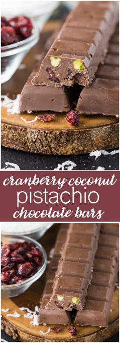 Cranberry Coconut Pistachio Chocolate Bars - Rich and festive homemade chocolate bars perfect for holiday gift giving!