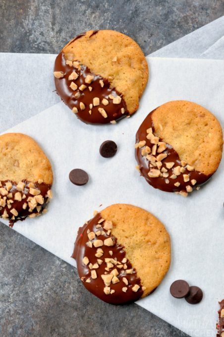 Chocolate Dipped Toffee Walnut Cookies
