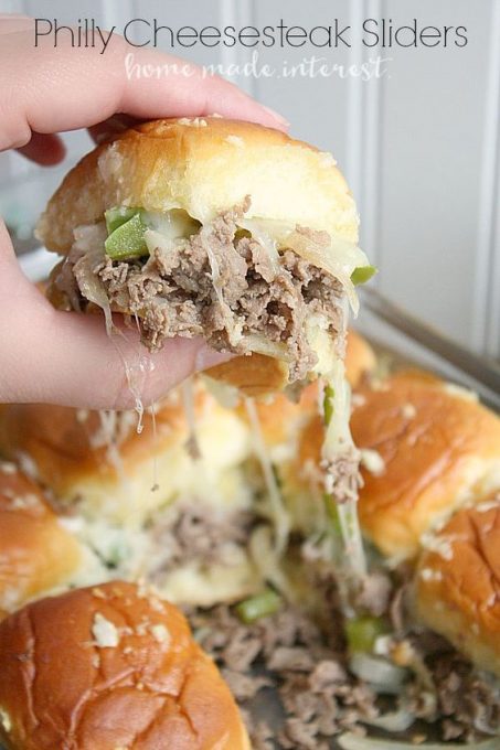 These sliders make great party food, especially during football season. Make everyone happy at your next game day party with Philly Cheesesteak sliders!: 
