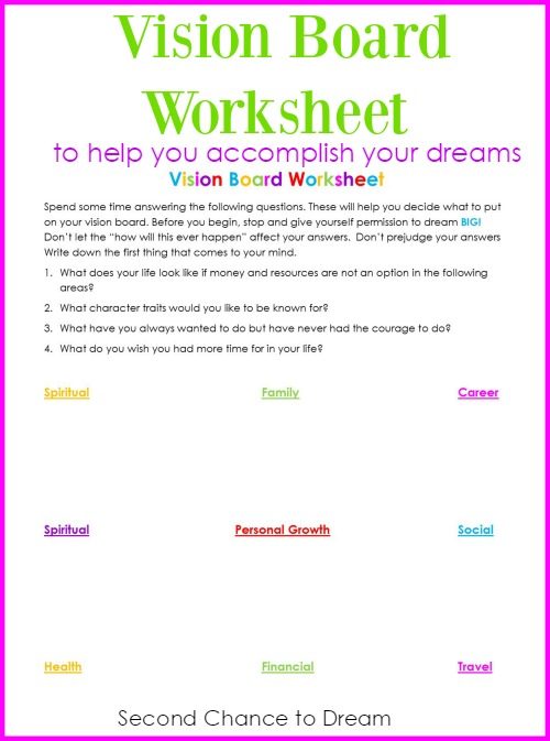 Second Chance to Dream: Vision Board Worksheet #dreams #visionboard #success