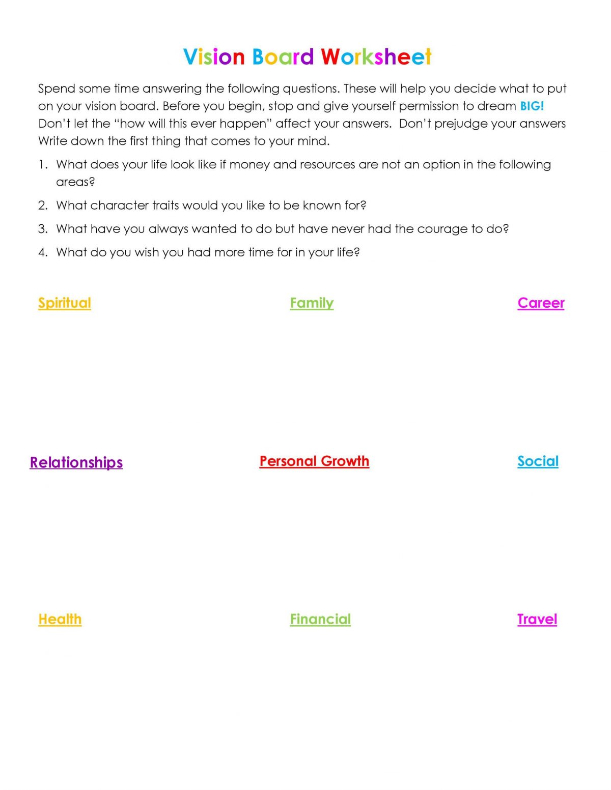 Second Chance To Dream - Vision Board Worksheet to help you define your