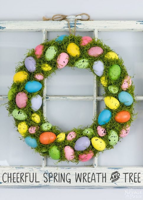 Cheerful Spring Wreath and Tree | Spring and Easter wreath | How to make a wreath | Colorful Easter eggs and moss wreath and topiary | How to make a Easter topiary | Easter and spring home decor | Handmade wreath and topiary | TheNavagePatch.com