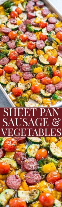 Sheet Pan Sausage and Vegetables - Fast, EASY, one pan recipe that's full of FLAVOR!! Juicy sausage, lots of veggies, and a dusting of Parmesan cheese to finish it off! Put it into your regular rotation!!: 