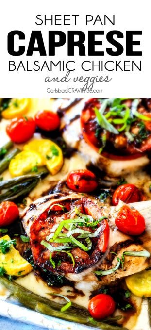 Sheet Pan Caprese Balsamic Chicken and Veggies - an easy, satisfying meal all in one! Wonderfully juicy, flavor bursting chicken smothered in gooey mozzarella cheese with fresh basil and the most incredible balsamic reduction!